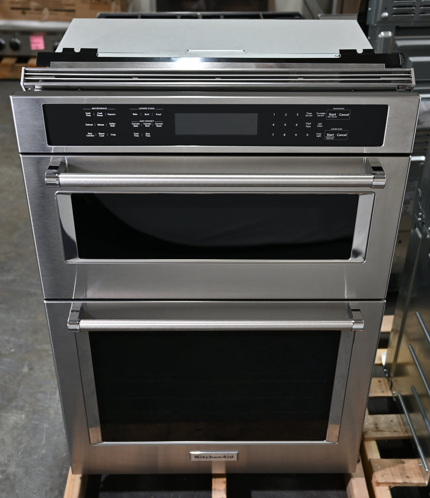 KitchenAid KOCE500ESS 30 Inch Double Combination Electric Wall Oven with 6.4 cu. ft. Total Capacity, Self-Clean Oven, EasyConvect™ Conversion System, Crispwave™ Microwave Technology, Temperature Probe, and FIT System Guarantee: Stainless Steel