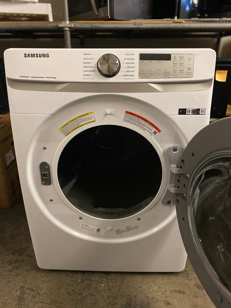 Samsung DVE45B6300W 27 Inch Electric Smart Dryer with 7.5 Cu.Ft. Capacity, Steam Sanitize+, Sensor Dry, Wi-Fi Connectivity, 21 Dry Cycles, 10 Dry Options, 5 Temperature Settings, Interior Drum Light, 4 Way Venting, and ADA Compliant: White