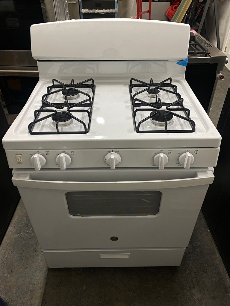 GE JGBS10DEMWW 30 Inch Freestanding Gas Range with 4 Sealed Burners, 4.8 cu. ft. Oven Capacity, Broiler Drawer, Heavy-Duty Grates, Standard Clean Oven, Front Controls, LP Conversion Kit, CSA Certified, and ADA Compliant: White