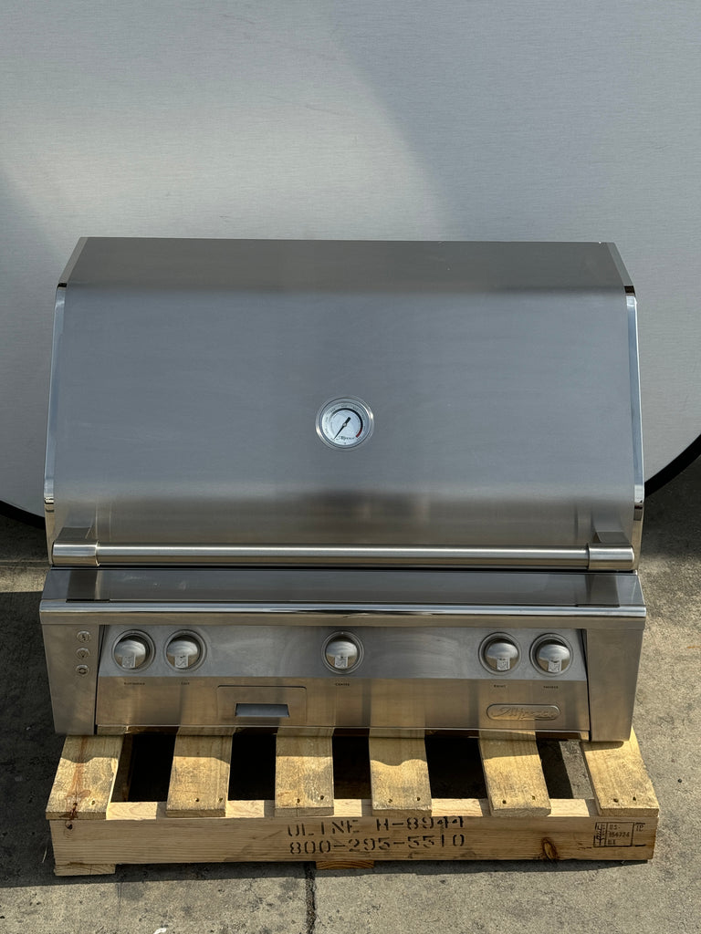 Alfresco ALXE36NG 36 Inch Built-In Grill with 660 sq. in. Grilling Surface, 3 27,500 BTU Burners, Integrated Rotisserie, Smoker and Herb Infuser System, 3-Position Warming Rack, Nickel-Plated Control Knobs and Stainless Steel Grates: Natural Gas