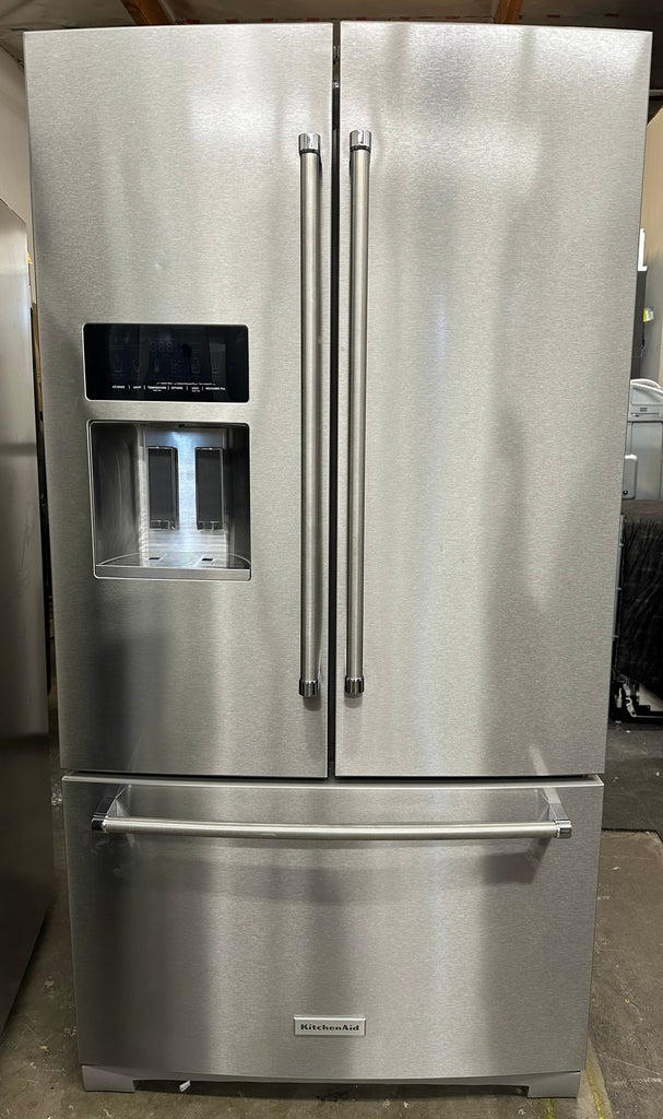 KitchenAid KRFF577KPS 36 Inch Freestanding French Door Refrigerator with 26.8 cu. ft. Capacity, 5 Glass Shelves, SatinGlide® Crispers, ExtendFresh™ Temp System, Exterior Ice/Water Dispenser, ENERGY STAR®, and Star-K: Stainless Steel