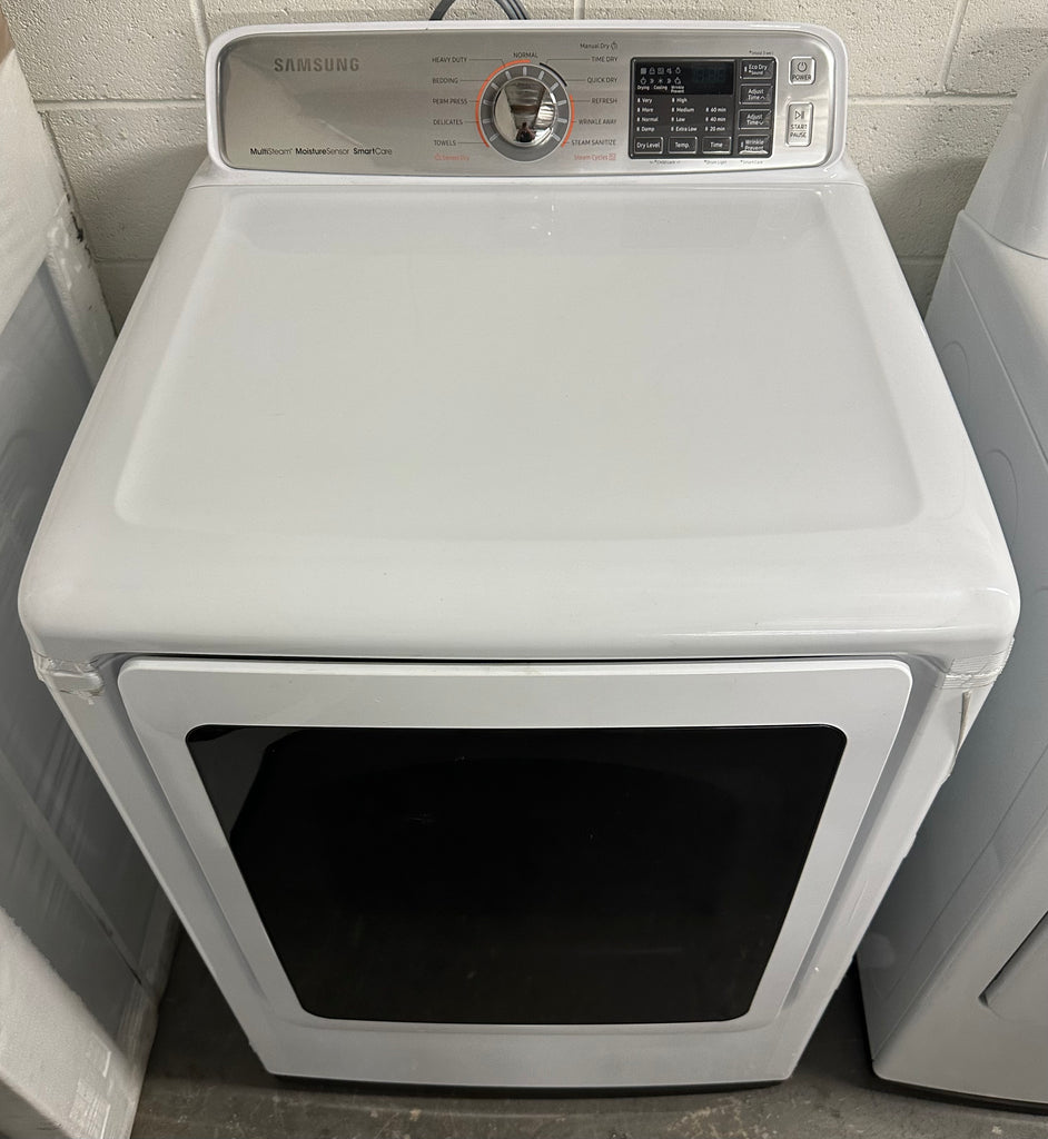 Samsung DVE50M7450W 27 Inch Electric Dryer with Multi-Steam™, Wrinkle Prevent Option, Sensor Dry, 11 Dry Cycles, Smart Care, 4-Way Venting, Eco Dry, Reversible Door and 7.4 cu. ft. Capacity