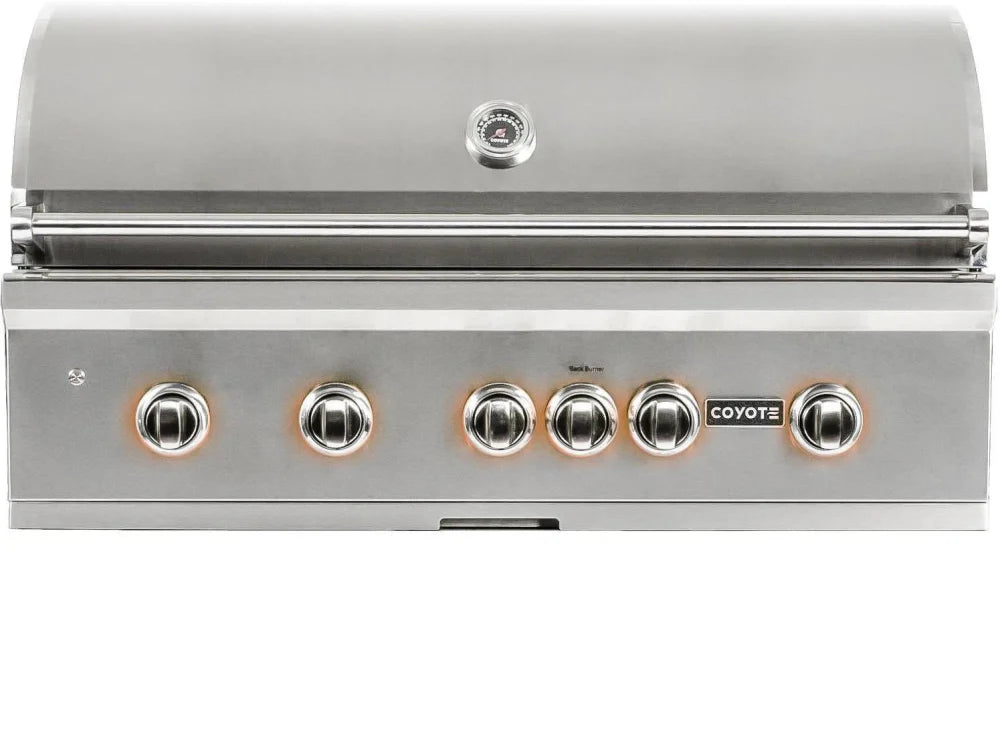 Coyote S-Series C2SL42NG 42 Inch Built-In Grill with 3 Infinity Burners™, RapidSear™ Infrared Burner, 875 sq. in. Cooking Surface, Interior Grill Lighting, LED Illuminated Knobs, Integrated Wind Guard, Rotisserie and Smoker Box: Stainless Steel