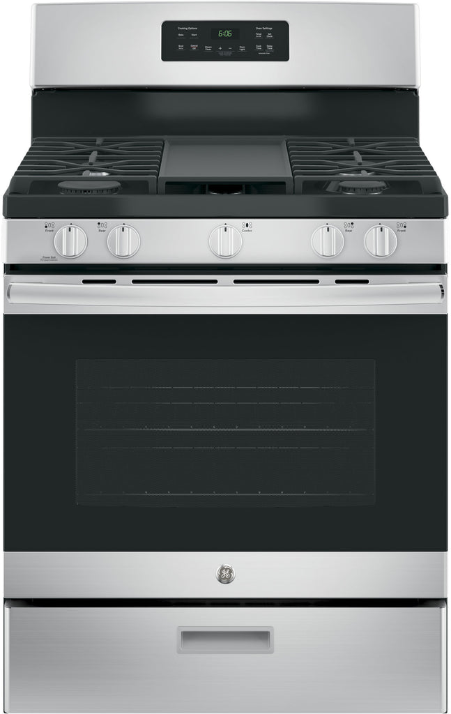 GE JGBS66REKSS 30 Inch Free-Standing Gas Range with 5 Sealed Burners, 5.0 cu. ft. Oven Capacity, Broiler Drawer, Continuous Grates, Steam Clean, Simmer Burner, Power Boil Burner, Central Oval Burner, and Integrated Non-Stick Griddle: Stainless Steel