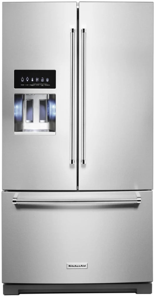 KitchenAid KRFF577KPS 36 Inch Freestanding French Door Refrigerator with 26.8 cu. ft. Capacity, 5 Glass Shelves, SatinGlide® Crispers, ExtendFresh™ Temp System, Exterior Ice/Water Dispenser, ENERGY STAR®, and Star-K: Stainless Steel