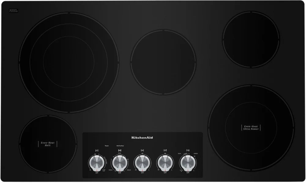 KitchenAid KCES556HBL 36 Inch Electric Cooktop with 5 Radiant Elements, Even-Heat™ Ultra Power™ Element, Even-Heat™ Melt Element, Triple-Ring Element, Metal Control Knobs, and ADA Compliant: Black