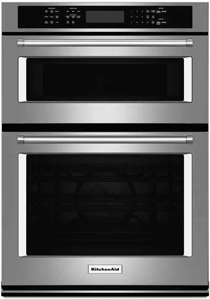 KitchenAid KOCE500ESS 30 Inch Double Combination Electric Wall Oven with 6.4 cu. ft. Total Capacity, Self-Clean Oven, EasyConvect™ Conversion System, Crispwave™ Microwave Technology, Temperature Probe, and FIT System Guarantee: Stainless Steel