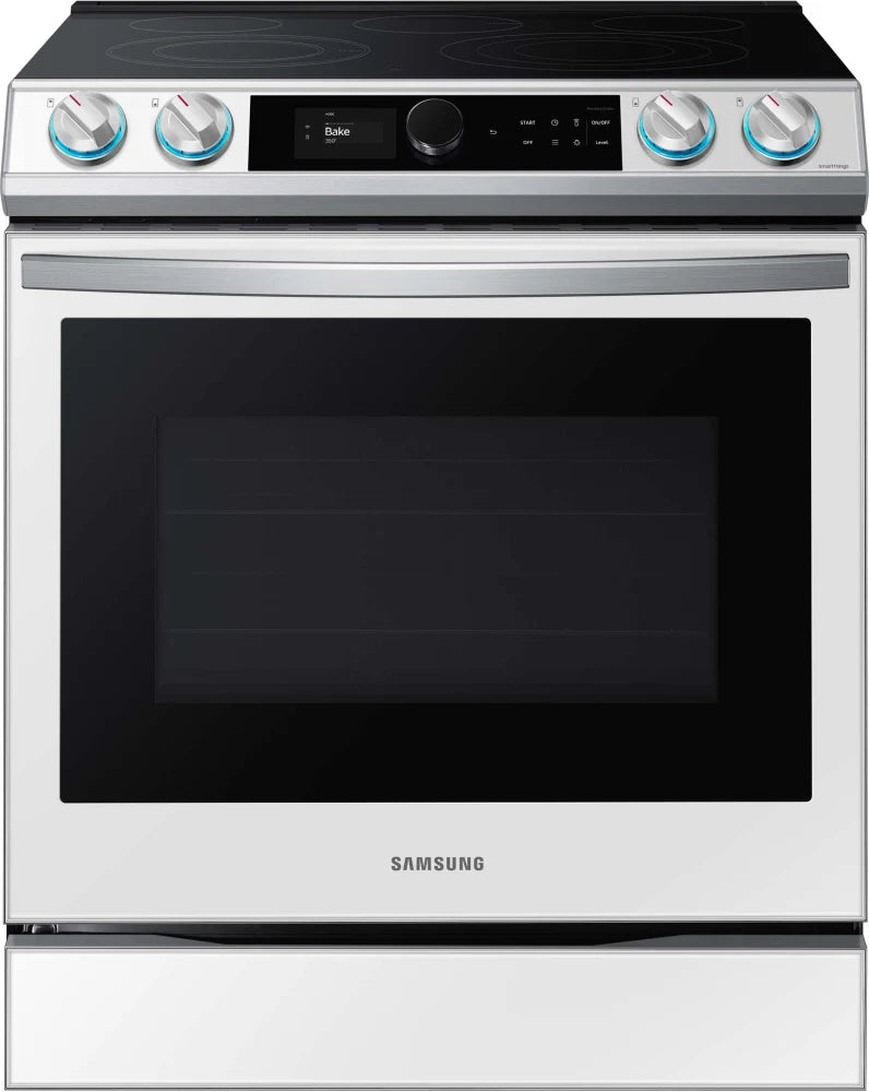 Samsung BESPOKE NE63BB871112AA 30 Inch Slide-In Electric Smart Range with 5 Elements, 6.3 cu. ft. Convection+ Oven, 3,600W Express Boil, Self Clean, Storage Drawer, ADA Compliant, and Star-K: Bespoke White Glass