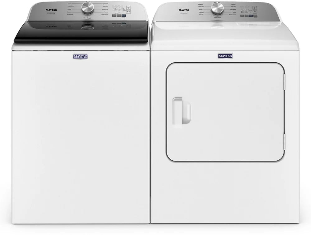 Maytag MGD6500MW 29 Inch Gas Dryer with 7.0 Cu. Ft. Capacity: White + Maytag MVW6500MW 28 Inch Pet Pro Top Load Washer with 4.7 Cu. Ft. Capacity: White