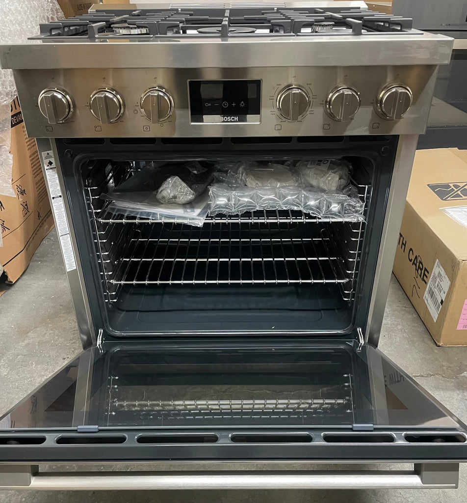 Bosch 800 Series HDS8055U 30 Inch Freestanding Dual Fuel Range with 5 Sealed Burners, 3.9 Cu. Ft. Oven Capacity, Continuous Grates, Self Clean, Genuine European Convection, SoftClose Doors, Dishwasher-Safe Grates, and Dual-Flame Burners