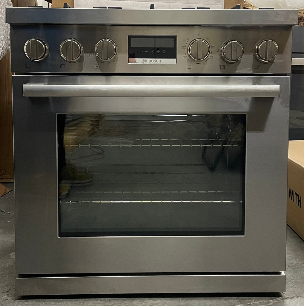 Bosch 800 Series HDS8055U 30 Inch Freestanding Dual Fuel Range with 5 Sealed Burners, 3.9 Cu. Ft. Oven Capacity, Continuous Grates, Self Clean, Genuine European Convection, SoftClose Doors, Dishwasher-Safe Grates, and Dual-Flame Burners