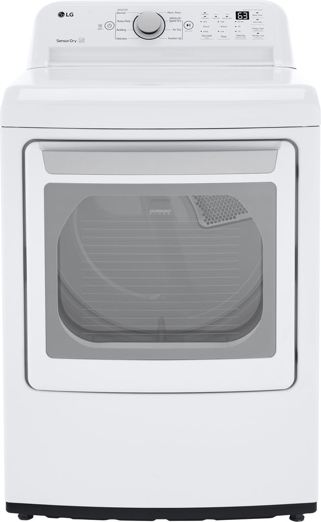 LG DLE7150W 27 Inch Electric Dryer with 7.3 Cu. Ft. Capacity, Sensor Dry, FlowSense™ Duct Clogging Indicator, LoDecibel™ Operation, Aluminized Alloy Steel Drum, Smart Diagnosis™, 8 Dryer Programs, Wrinkle Care, Speed Dry, and ENERGY STAR® Certified