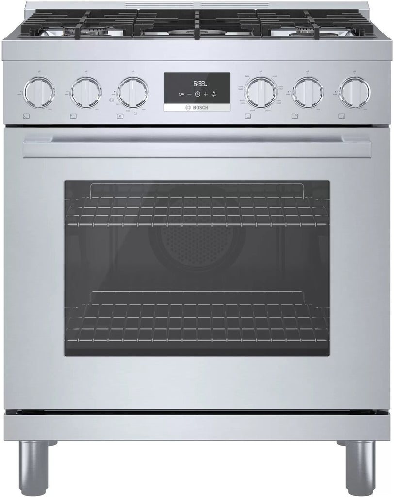 Bosch 800 Series HDS8055U 30 Inch Freestanding Dual Fuel Range with 5 Sealed Burners, 3.9 Cu. Ft. Oven Capacity, Continuous Grates, Self Clean, Genuine European Convection, SoftClose Doors, Dishwasher-Safe Grates, and Dual-Flame Burners